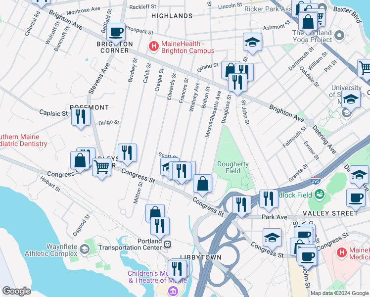map of restaurants, bars, coffee shops, grocery stores, and more near 73 Whitney Avenue in Portland