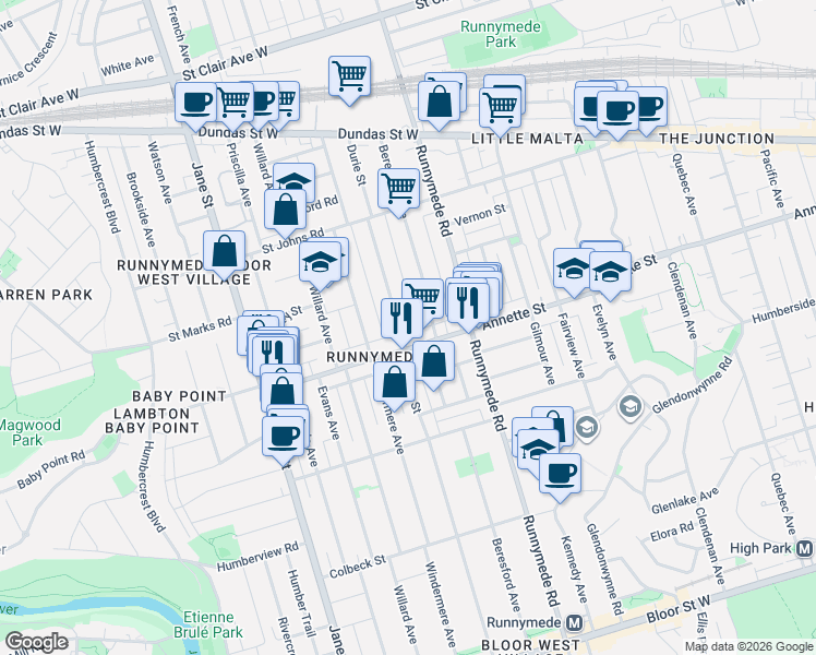 map of restaurants, bars, coffee shops, grocery stores, and more near 561 Durie Street in Toronto