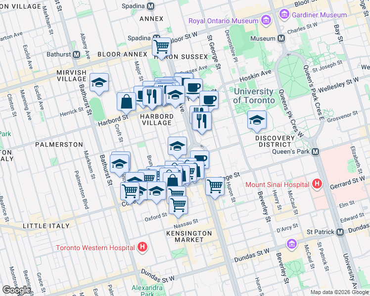 map of restaurants, bars, coffee shops, grocery stores, and more near 556 Spadina Crescent in Toronto