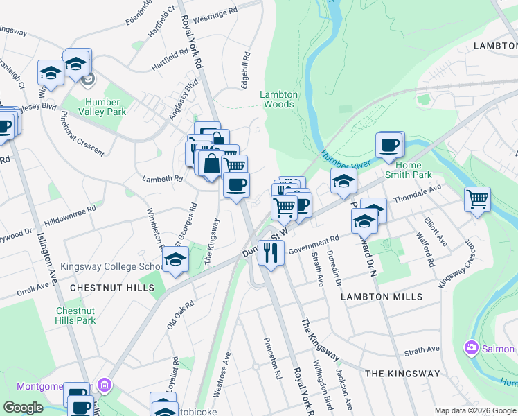 map of restaurants, bars, coffee shops, grocery stores, and more near 1135 Royal York Road in Toronto