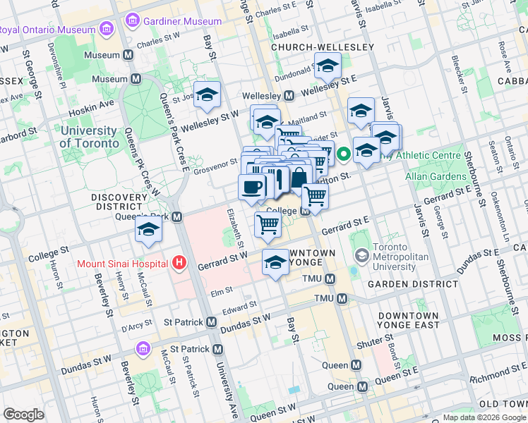 map of restaurants, bars, coffee shops, grocery stores, and more near 763 Bay Street in Toronto