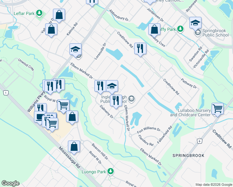 map of restaurants, bars, coffee shops, grocery stores, and more near 1 Junetown Circle in Brampton