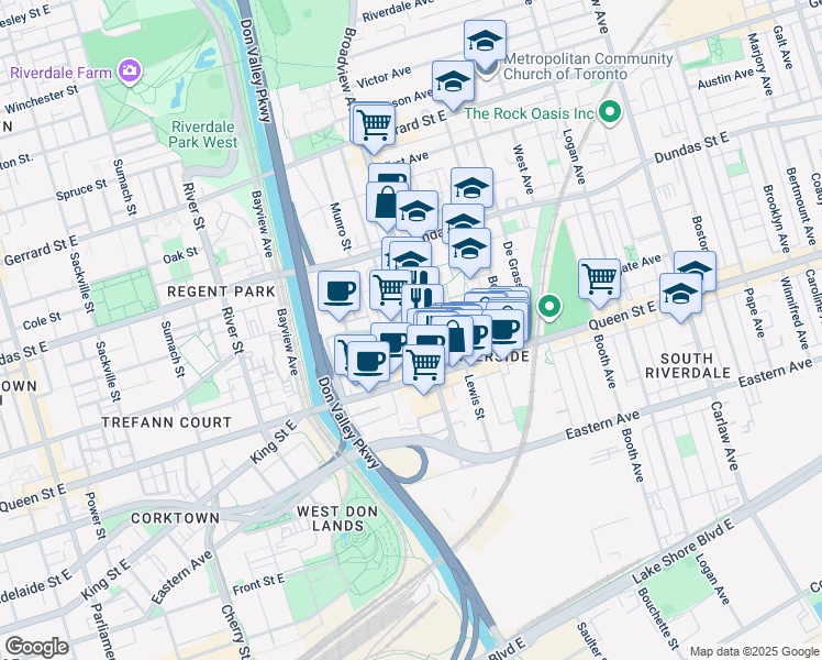 map of restaurants, bars, coffee shops, grocery stores, and more near 25 Kintyre Avenue in Toronto