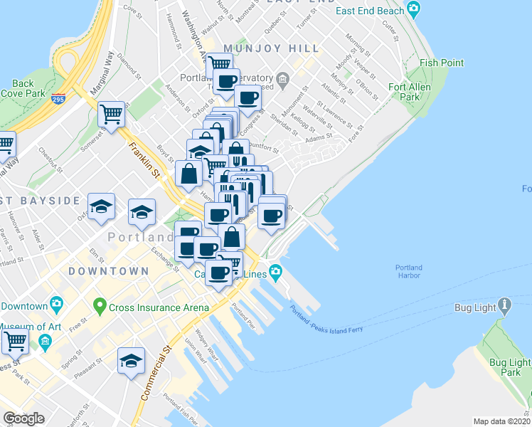 map of restaurants, bars, coffee shops, grocery stores, and more near 65 India Street in Portland