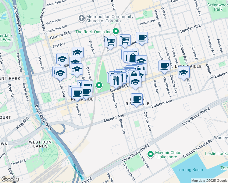 map of restaurants, bars, coffee shops, grocery stores, and more near in Toronto