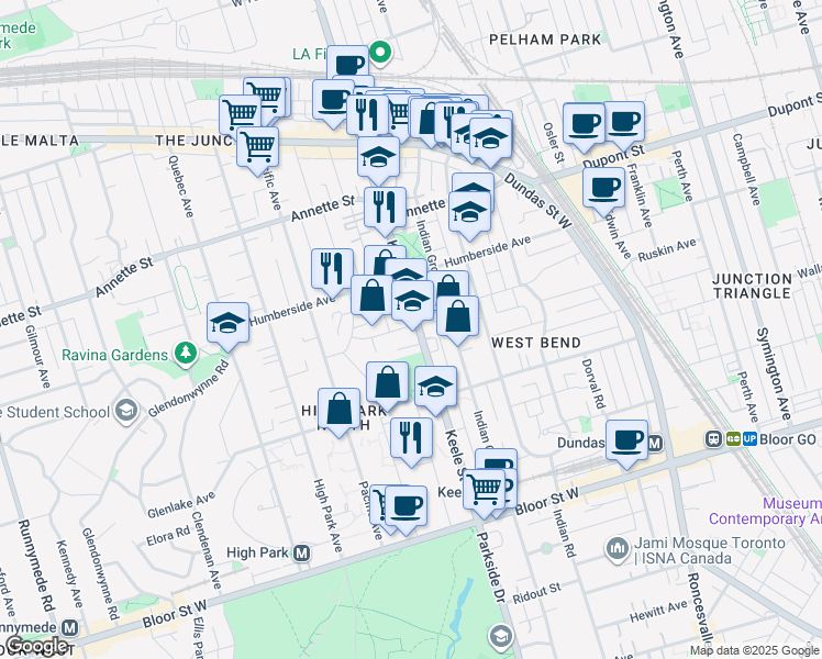 map of restaurants, bars, coffee shops, grocery stores, and more near 220 Keele Street in Toronto