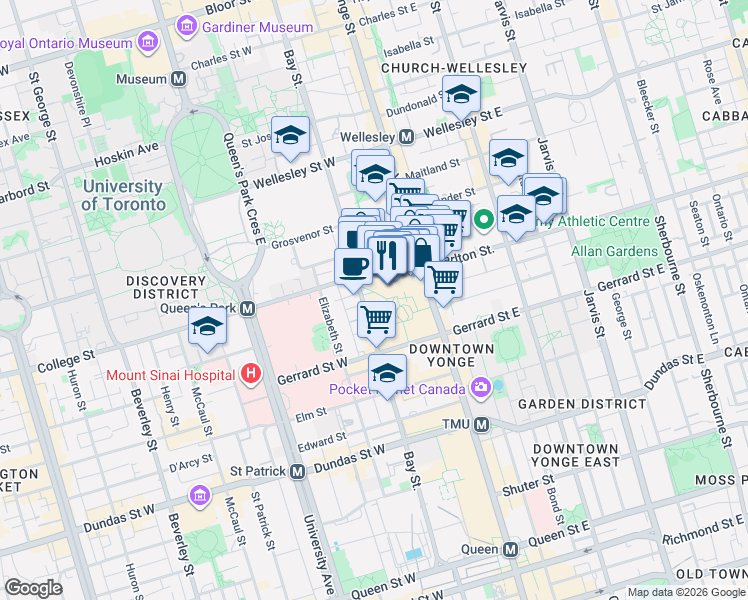 map of restaurants, bars, coffee shops, grocery stores, and more near 763 Bay Street in Toronto
