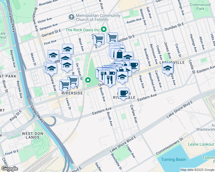 map of restaurants, bars, coffee shops, grocery stores, and more near 901 Queen Street East in Toronto