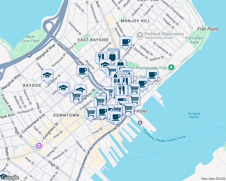 map of restaurants, bars, coffee shops, grocery stores, and more near 167 Newbury Street in Portland