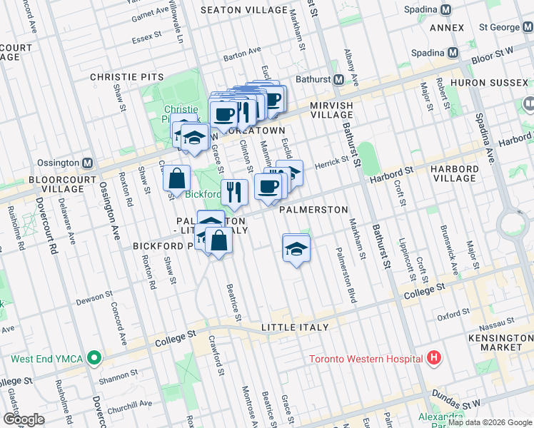 map of restaurants, bars, coffee shops, grocery stores, and more near 233 Clinton Street in Toronto