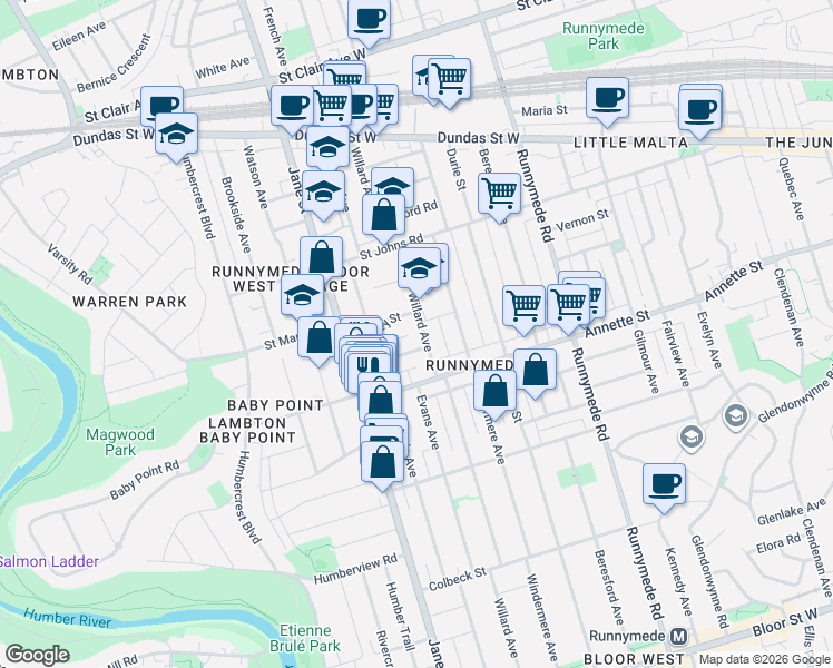 map of restaurants, bars, coffee shops, grocery stores, and more near 580 Willard Avenue in Toronto