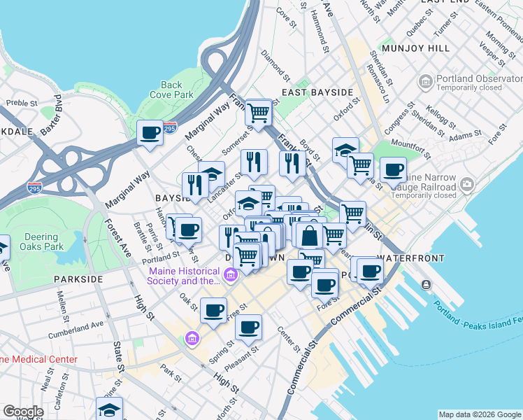 map of restaurants, bars, coffee shops, grocery stores, and more near 4 Stone Street in Portland