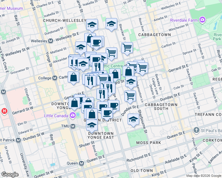 map of restaurants, bars, coffee shops, grocery stores, and more near 390 George Street in Toronto