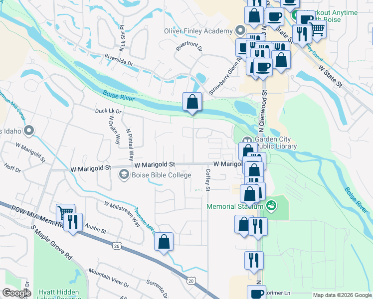 map of restaurants, bars, coffee shops, grocery stores, and more near 6064 North Waterside Place in Boise