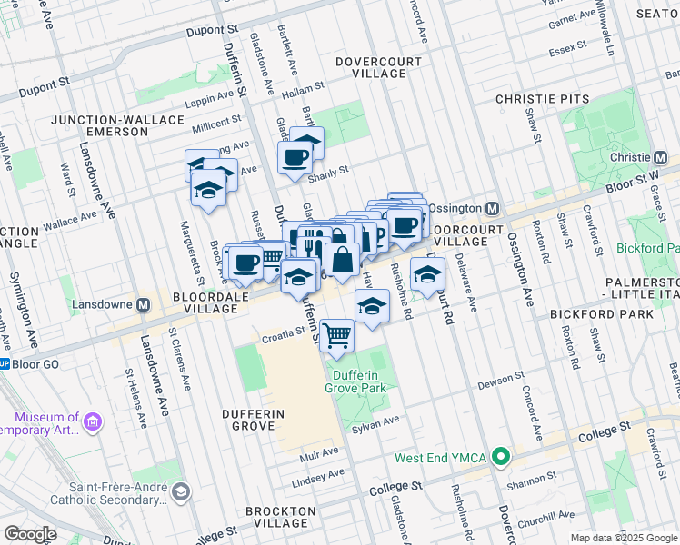 map of restaurants, bars, coffee shops, grocery stores, and more near 1087 Bloor Street West in Toronto