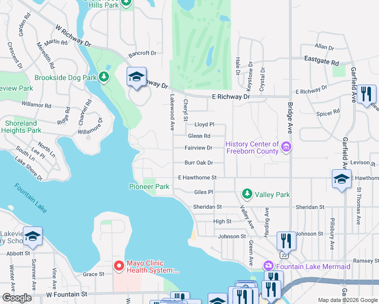 map of restaurants, bars, coffee shops, grocery stores, and more near 201 Fairview Drive in Albert Lea