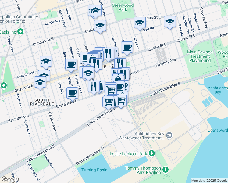 map of restaurants, bars, coffee shops, grocery stores, and more near 20 Leslie Street in Toronto