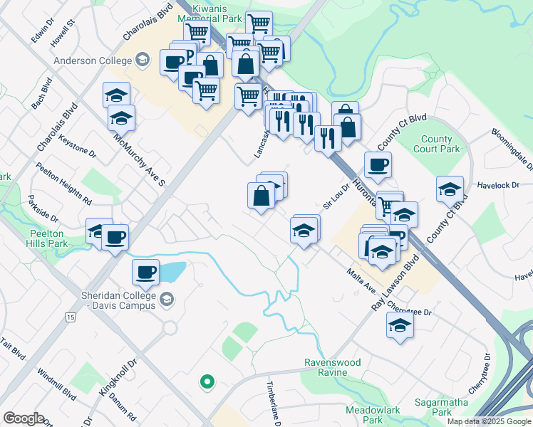 map of restaurants, bars, coffee shops, grocery stores, and more near 6 Herdmans Road in Brampton