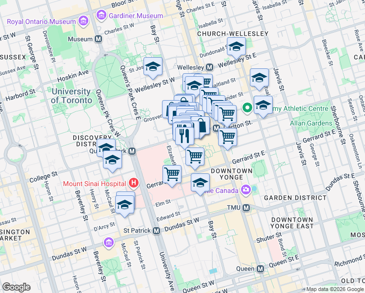 map of restaurants, bars, coffee shops, grocery stores, and more near 770 Bay Street in Toronto