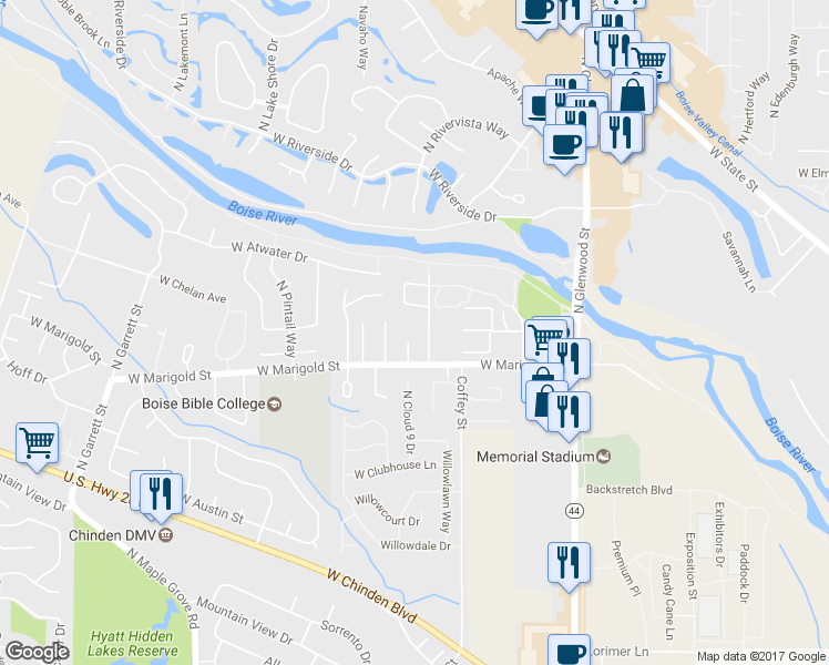 map of restaurants, bars, coffee shops, grocery stores, and more near 6064 North Waterside Place in Boise