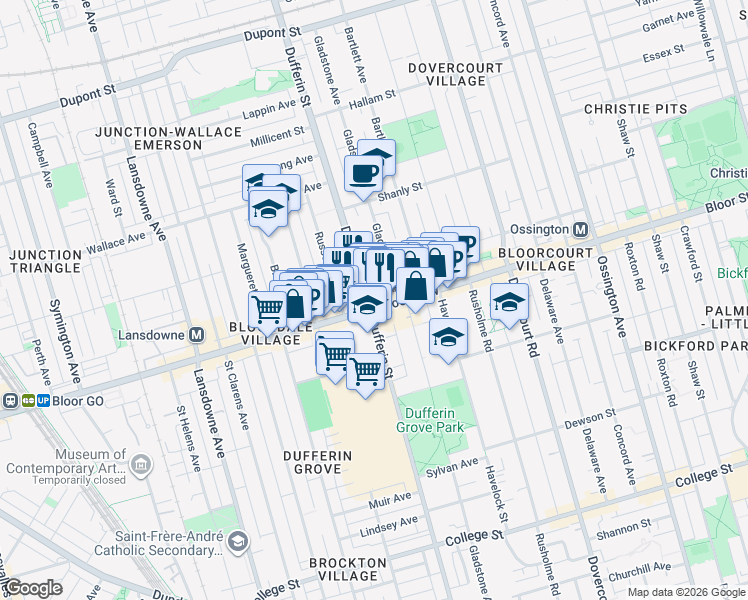 map of restaurants, bars, coffee shops, grocery stores, and more near 1011 Dufferin Street in Toronto