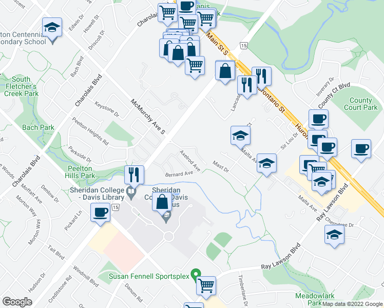 map of restaurants, bars, coffee shops, grocery stores, and more near 05 Malta Avenue in Brampton