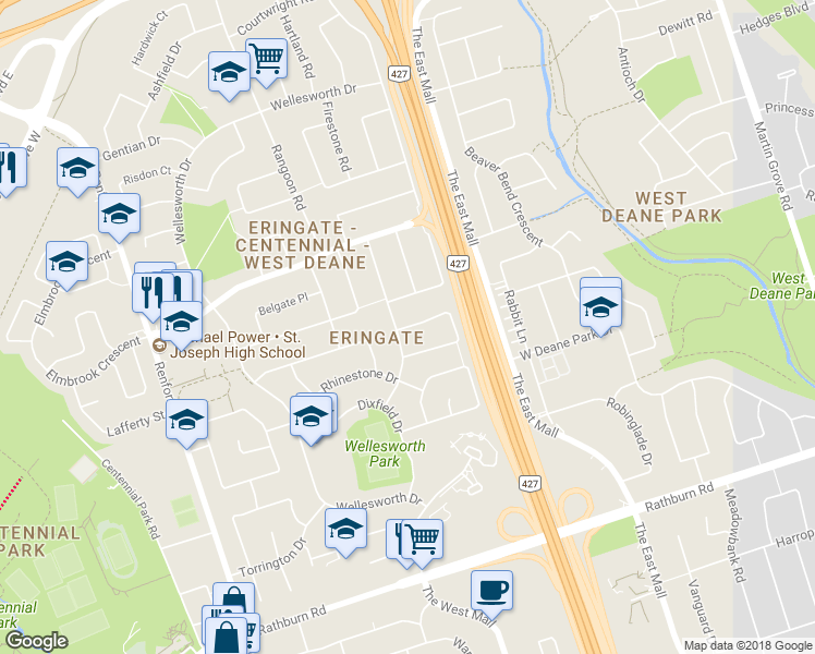 map of restaurants, bars, coffee shops, grocery stores, and more near 38 Summerfield Crescent in Toronto
