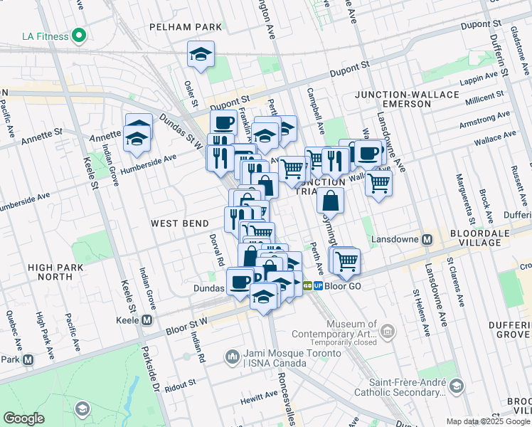 map of restaurants, bars, coffee shops, grocery stores, and more near in Toronto