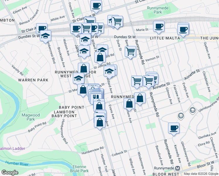 map of restaurants, bars, coffee shops, grocery stores, and more near 580 Willard Avenue in Toronto