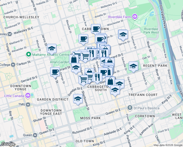 map of restaurants, bars, coffee shops, grocery stores, and more near 336 Ontario Street in Toronto