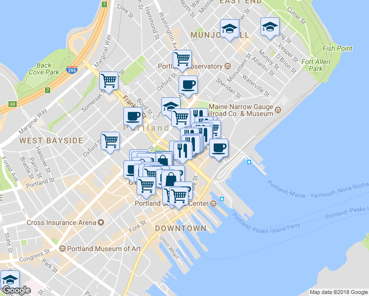 map of restaurants, bars, coffee shops, grocery stores, and more near 32 Hampshire Street in Portland
