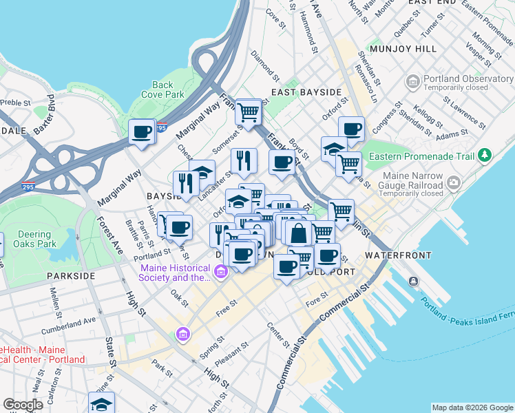 map of restaurants, bars, coffee shops, grocery stores, and more near 159 Oxford Street in Portland