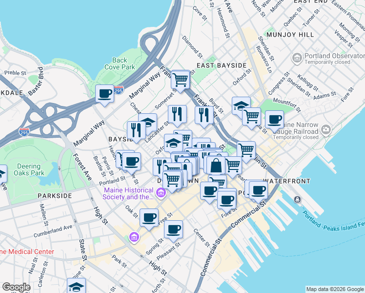 map of restaurants, bars, coffee shops, grocery stores, and more near 4 Stone Street in Portland