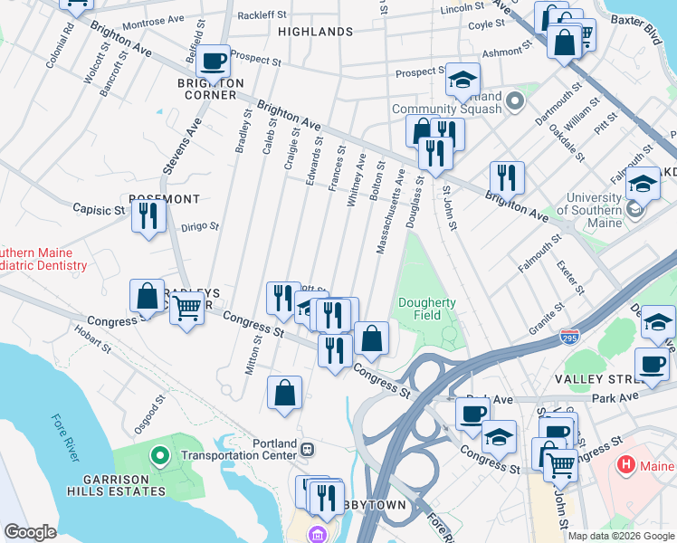 map of restaurants, bars, coffee shops, grocery stores, and more near in Portland