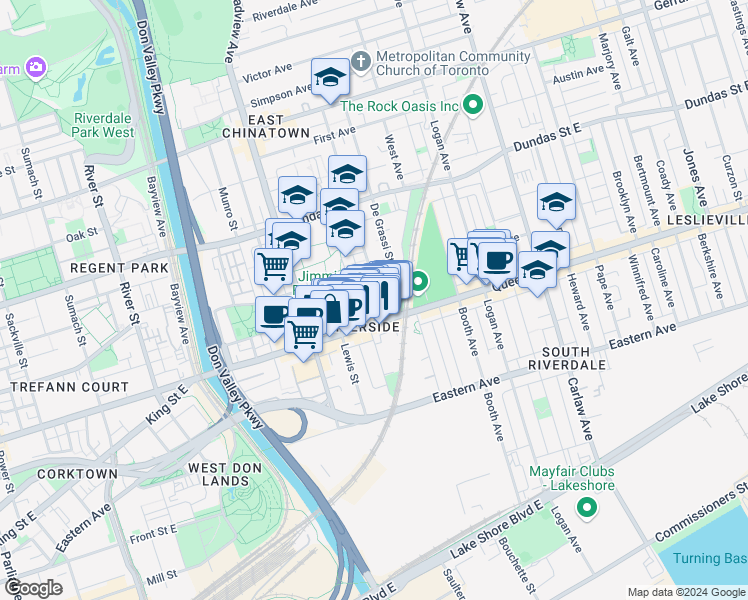 map of restaurants, bars, coffee shops, grocery stores, and more near 810 Queen Street East in Toronto