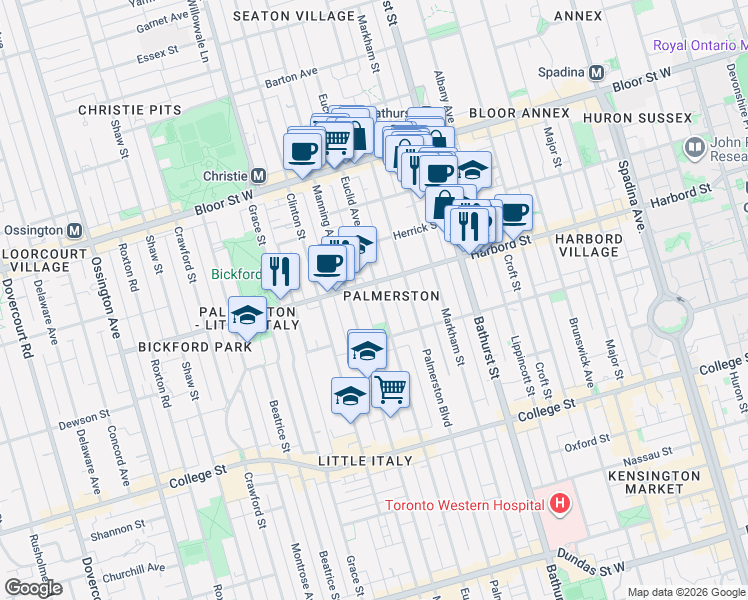 map of restaurants, bars, coffee shops, grocery stores, and more near 532 Euclid Avenue in Toronto