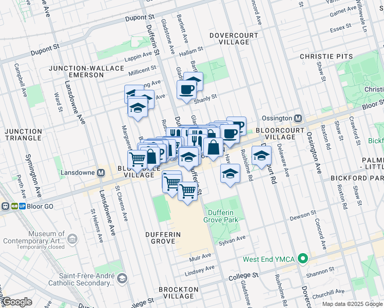 map of restaurants, bars, coffee shops, grocery stores, and more near 1040 Dufferin Street in Toronto