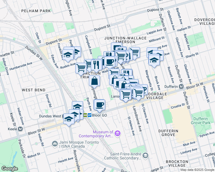 map of restaurants, bars, coffee shops, grocery stores, and more near in Toronto