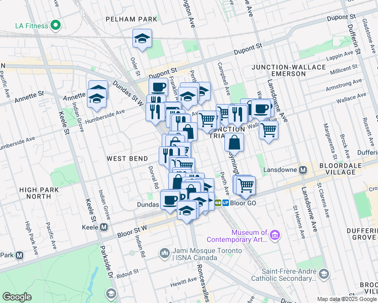 map of restaurants, bars, coffee shops, grocery stores, and more near 30 Elsie Lane in Toronto