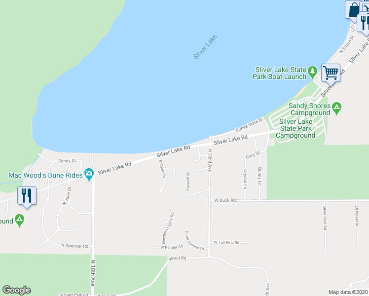 map of restaurants, bars, coffee shops, grocery stores, and more near 9175 Silver Lake Road in Mears