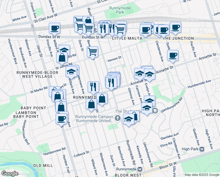 map of restaurants, bars, coffee shops, grocery stores, and more near 520 Annette Street in Toronto