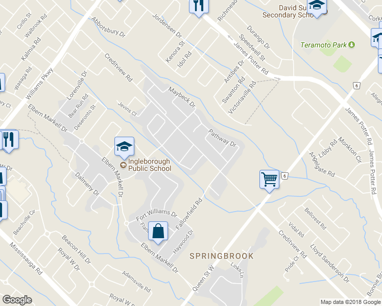 map of restaurants, bars, coffee shops, grocery stores, and more near 3 Innismoor Road in Brampton