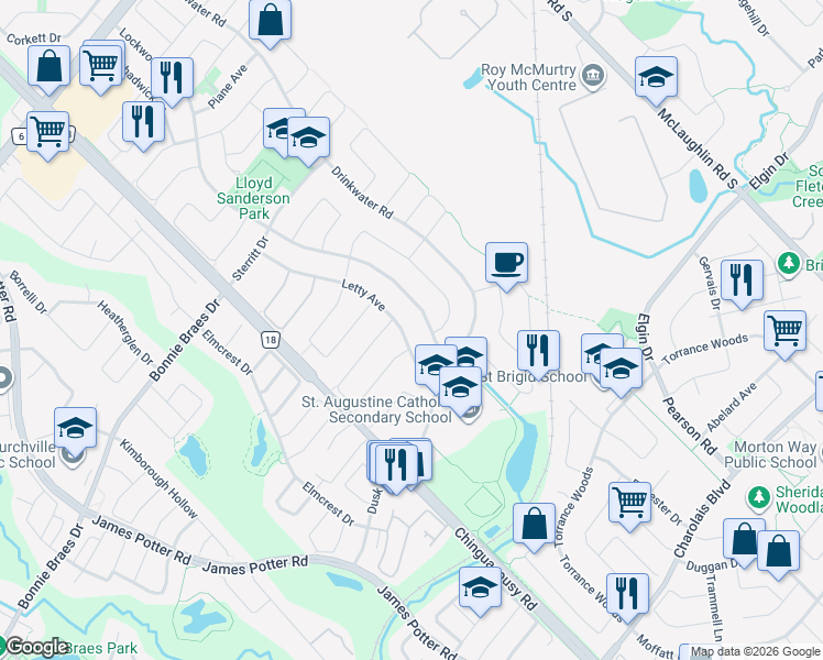 map of restaurants, bars, coffee shops, grocery stores, and more near 26 Lockwood Road in Brampton