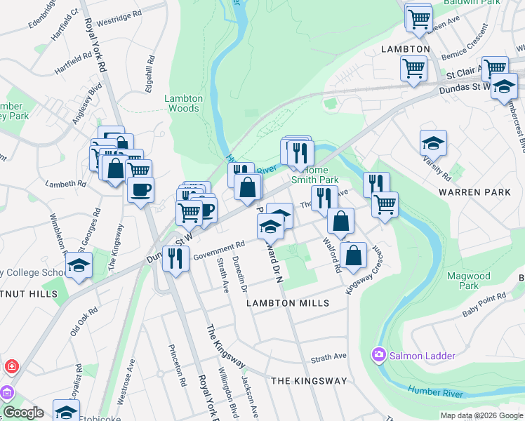 map of restaurants, bars, coffee shops, grocery stores, and more near 571 Prince Edward Drive North in Toronto