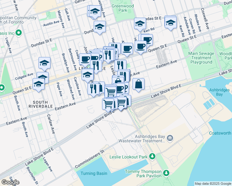 map of restaurants, bars, coffee shops, grocery stores, and more near 20 Leslie Street in Toronto
