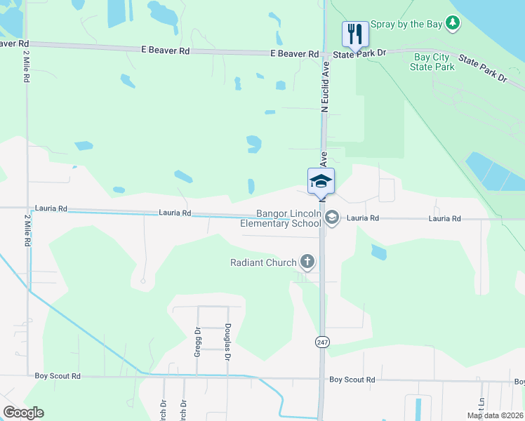 map of restaurants, bars, coffee shops, grocery stores, and more near 3401 Lauria Road in Bay City