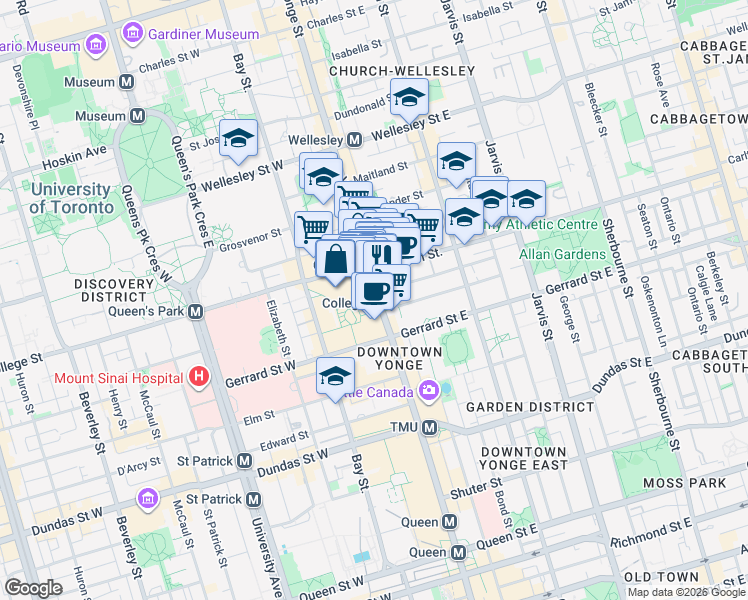 map of restaurants, bars, coffee shops, grocery stores, and more near 424 Yonge Street in Toronto
