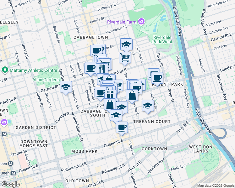map of restaurants, bars, coffee shops, grocery stores, and more near 25 Cole Street in Toronto