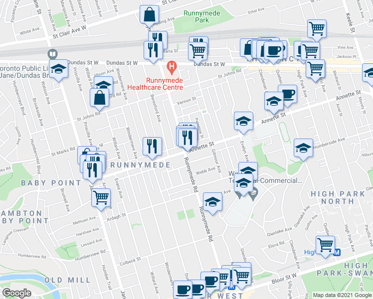 map of restaurants, bars, coffee shops, grocery stores, and more near 520 Annette Street in Toronto