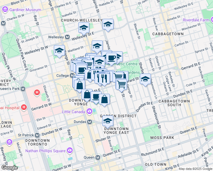 map of restaurants, bars, coffee shops, grocery stores, and more near 86 Gerrard Street East in Toronto